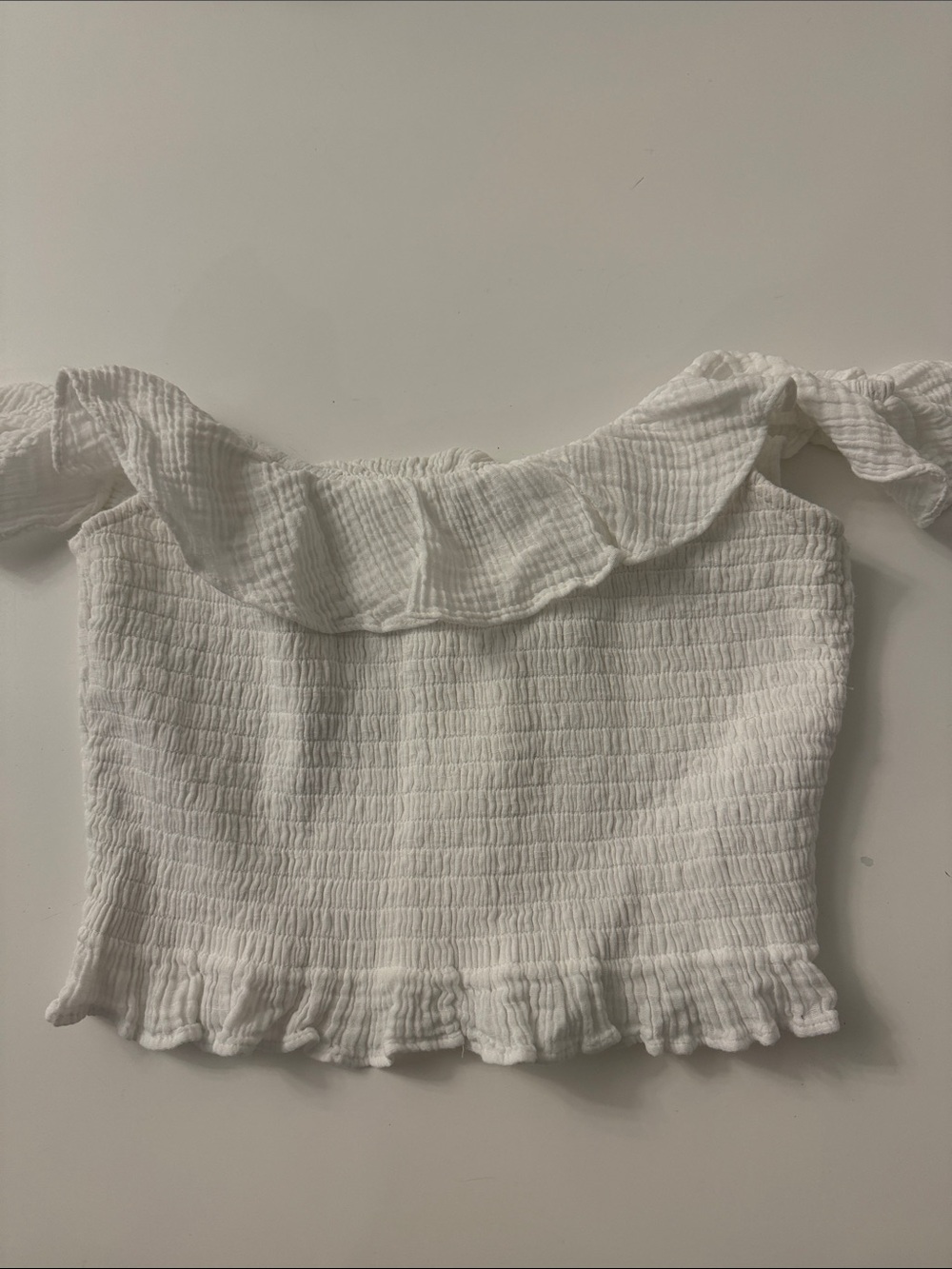 American Eagle White Off-Shoulder Ruffled Smocked Crop Top
